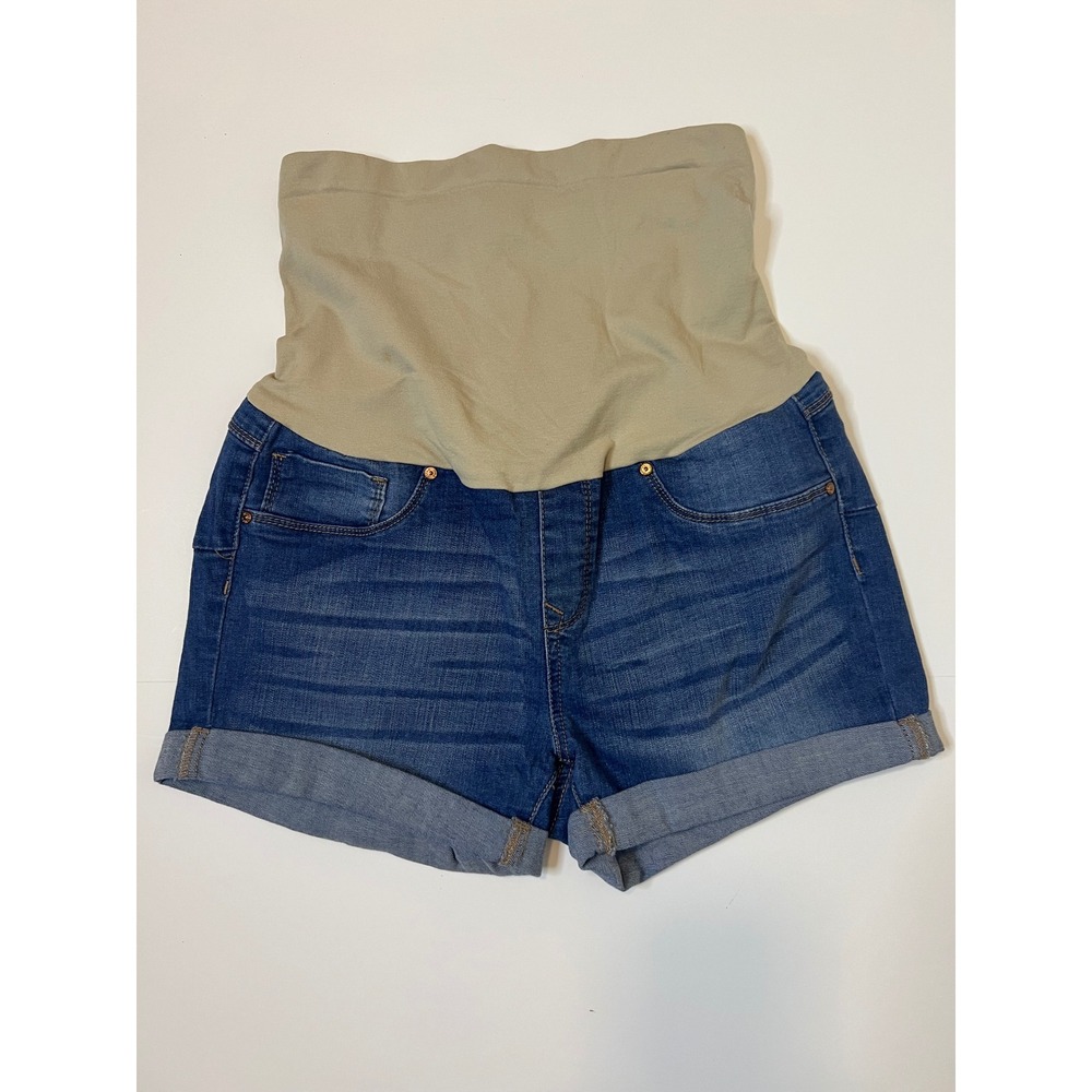 Bella Vida Maternity Denim Shorts Blue Dark Wash Full Belly Panel Size L